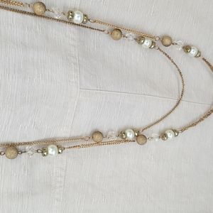 Goldtone chains with "crystals", "pearls" and "gold" beads 34"